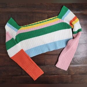 Interdee Paris Colorful Striped Longsleeve Cropped Lightweight Sweater Med Boho